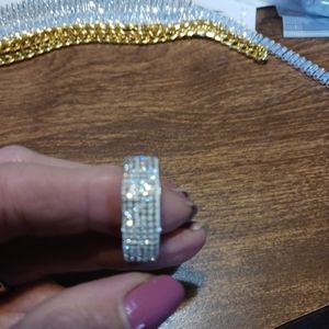 Womans Ring Wide Band 10 1/2 CZs. Silvertone.